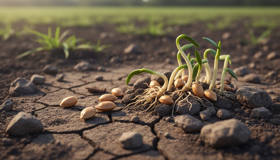 Hand releasing seeds into dry cracked soil in early morning light