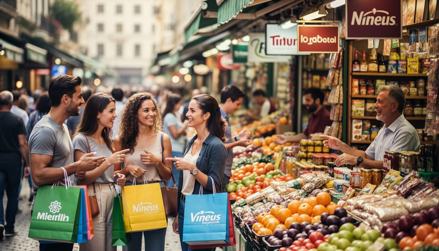 People talking and interacting in a crowded urban marketplace at street level